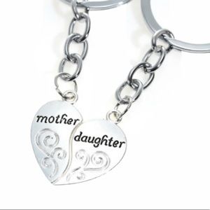 Mother and Daughter Heart Scroll Design Key Chain Silver